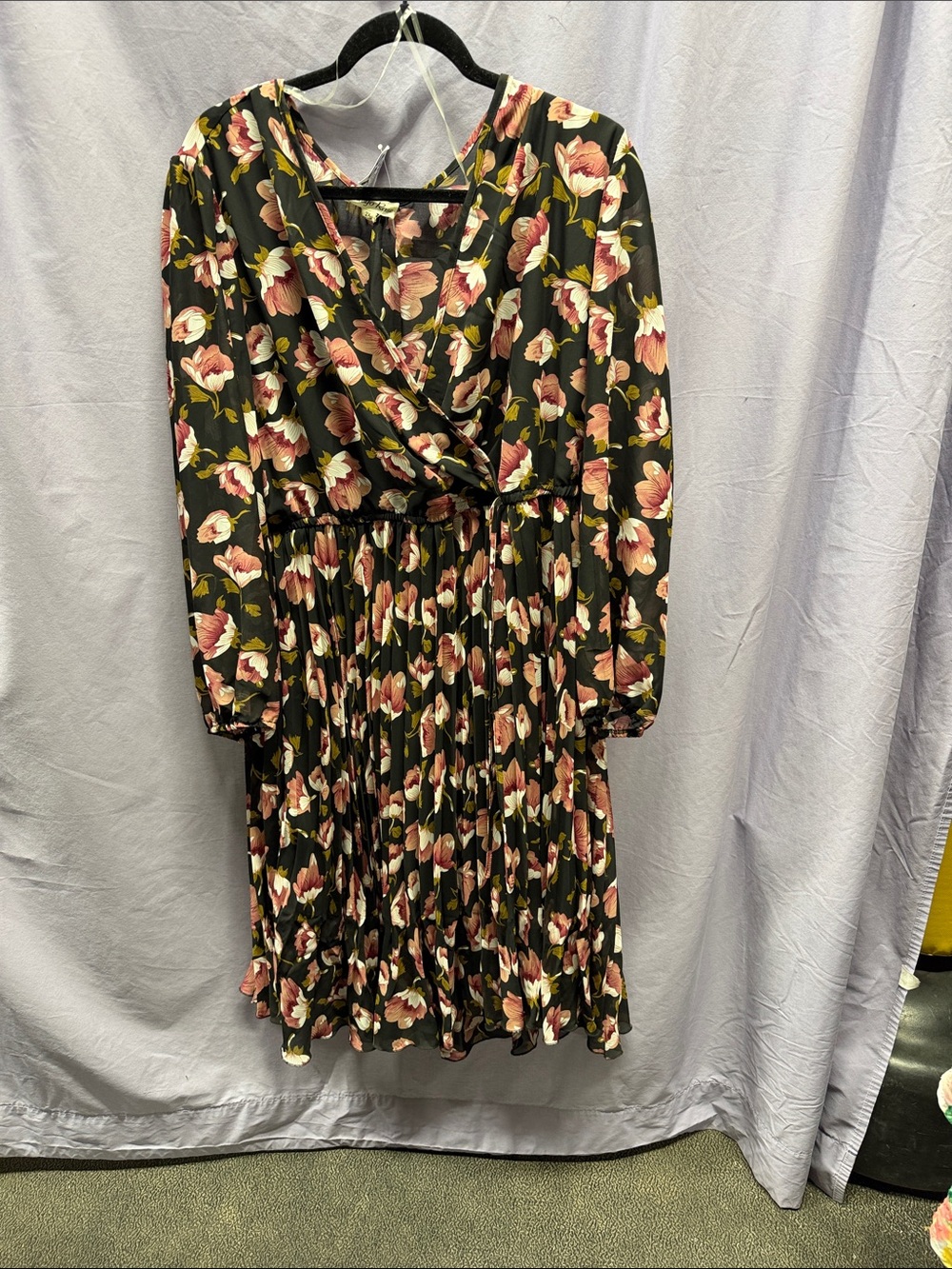 Floral Wrap-Front Long Sleeve Dress in Black with Pink Flowers